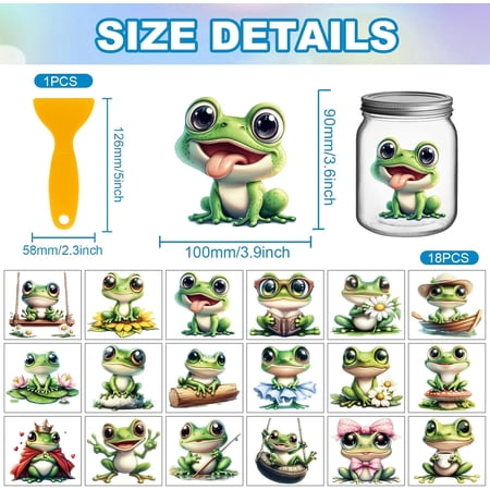 18 Sheets Cute Frog Transfer Stickers 3.9x3.6inch Flower Mushrooms Colorful Decal Rub on Transfer for Furniture Vase Glass Art Crafts Decorations