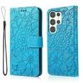 thumbnail image 2 of For Samsung Galaxy S24 Ultra Case, Premium Leather Magnetic Closure Flip Wallet Case with Card Holder Cash Slot Stand Function Embossed Flower Pattern Slim Shockproof Lanyard/Strap Cover,Blue, 2 of 7