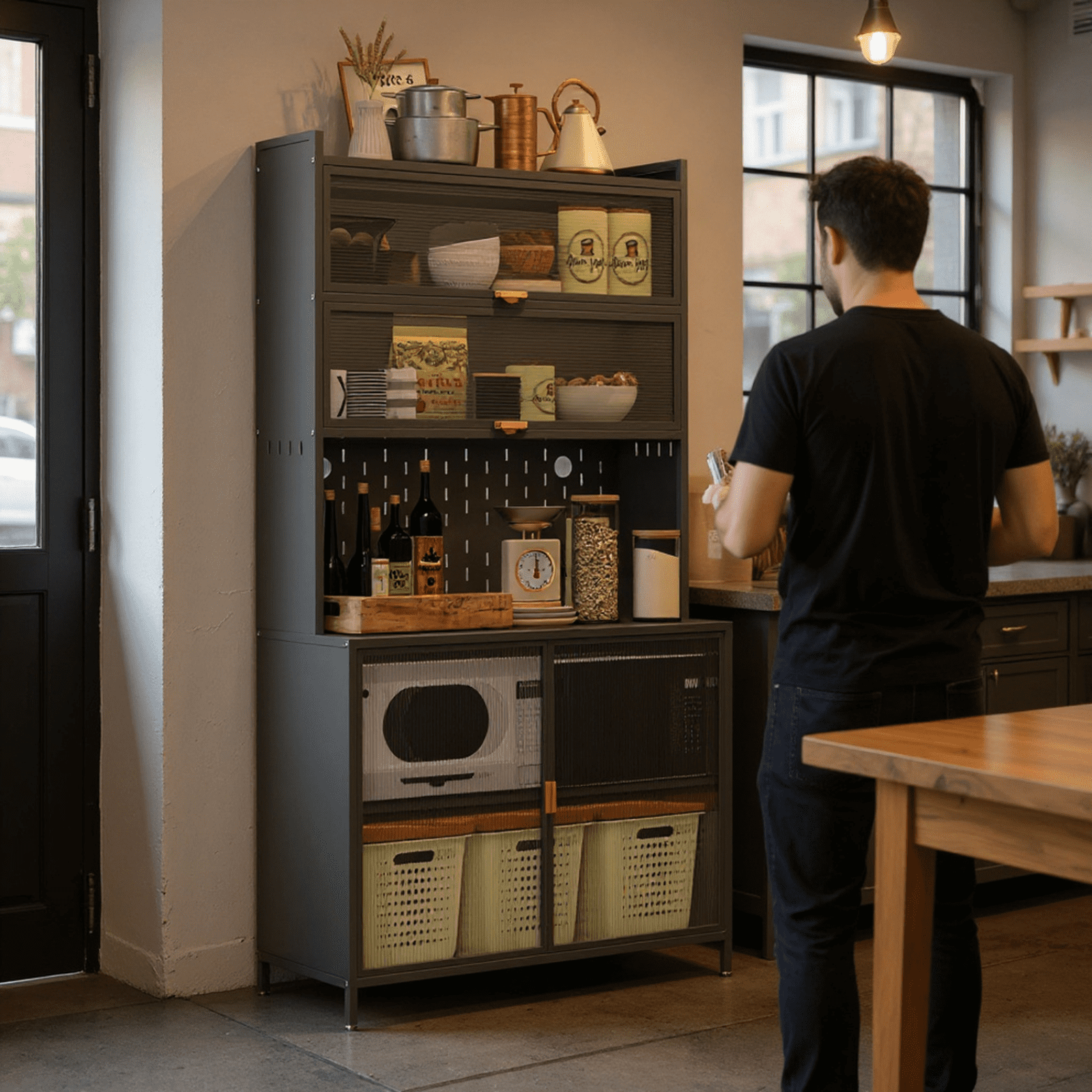 Homy Casa Tall Pantry Cabinet with Glass Sliding Doors and Multi-Layer Storage for Kitchen, Gray