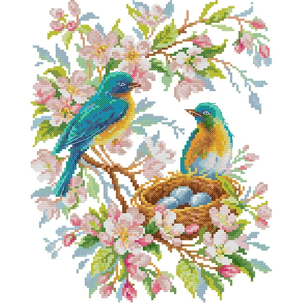 (DA710) Hilo Algodón Ecológico Bordado No Manchú 14CT 2 Hebras Impresión 28*34cm Kit Serie Punto Cruz Singing Bluebird (borde Gancho)
