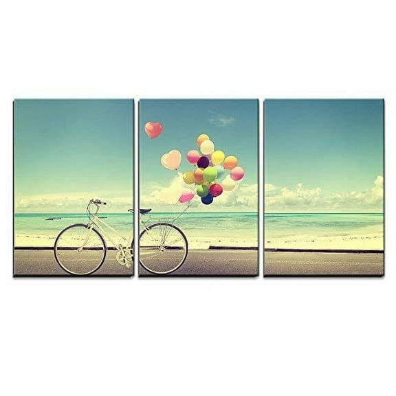 wall26 - Bicycle with Balloons on Beach - Canvas Art Wall Decor-24 x36 x3 Panels