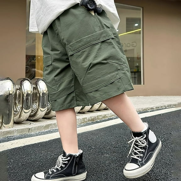 Boy's Street Leisure Sports Pocket Drawstring Stretch Waist Color Cargo 5 Division Of Labor Pants Casual Boys Pants Army Green 120