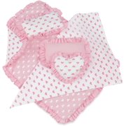 18-Inch Doll Reverisble Pink Heart 5-PC Bedding Bundle Set for Toy Beds Bunks Cribs & Cradles | Fits 15" - 18" Doll Bunkbeds - Blanket Pillows Accessories Bed Playset | USA Business