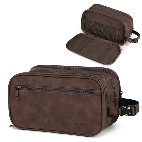 PAVILIA Toiletry Bag for Men, Travel Toiletries Bag | Water-resistant Dopp Kit, PU Leather Shaving Pouch Organizer for Accessories, Cosmetic, Hygiene, Grooming Essentials (Dark Brown)