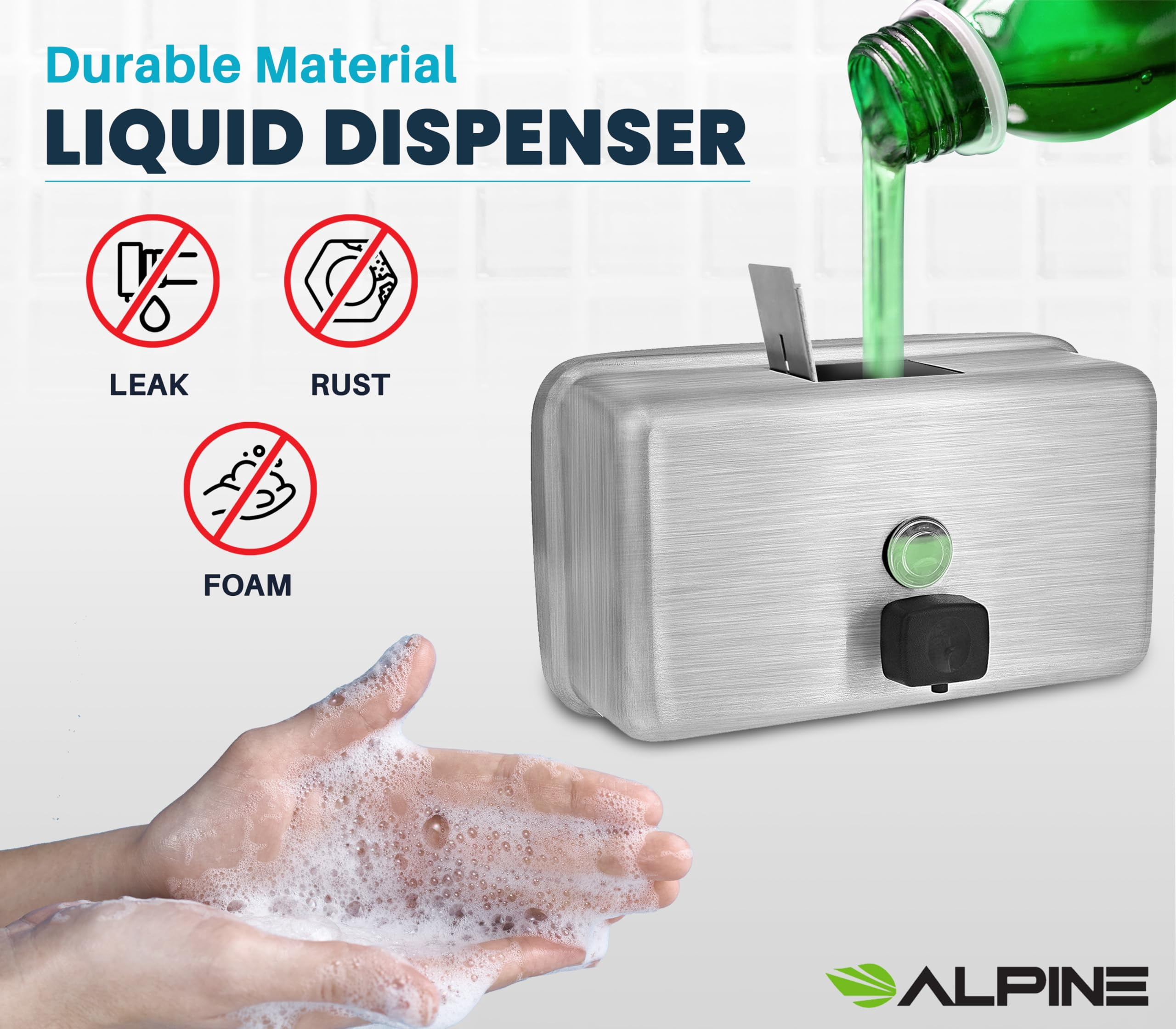 Alpine Stainless Steel Soap Dispenser Wall Mount - Commercial Liquid Soap Dispenser Perfect for Bathroom, Kitchen, Refillable 1200 ml ADA Compliant (Horizontal)