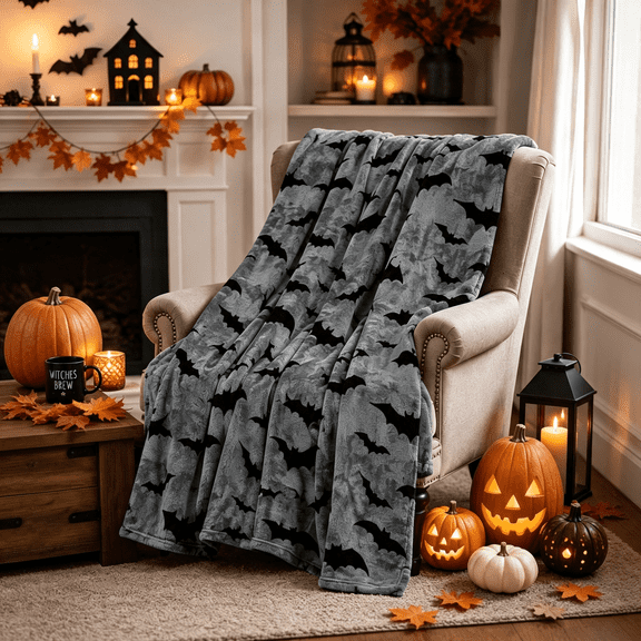 ARLAJO Halloween Throw Blanket: Black Bats on Gray Velvet Soft Fleece 50" X 70" for Sofa Bed Couch Chair Dorm Black Bats on Gray Velvet Soft Fleece Halloween Throw Blanket