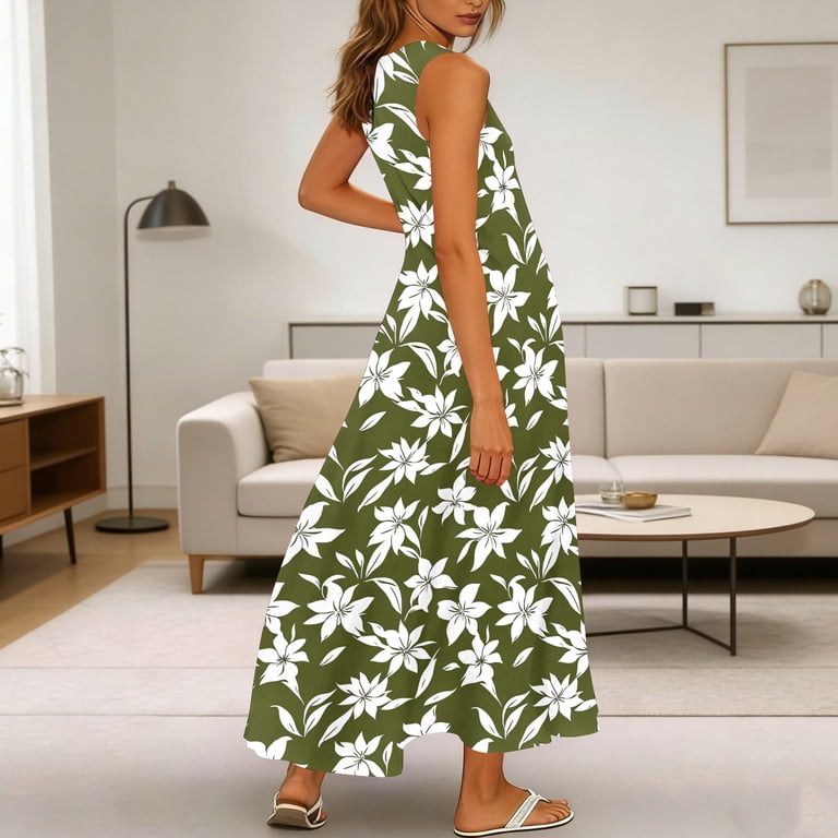 Lovzfmll Summer Designer Style Casual Sleeveless V-Neck Long Maxi Dress for Women with Gradient Loose V-Neck Green, XL