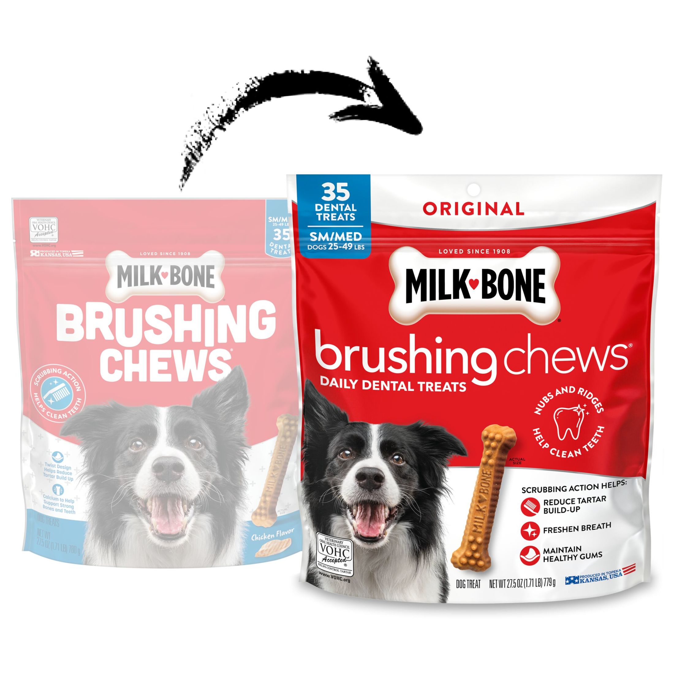 (4 pack) Milk Bone Brushing Chews Original Chicken Flavor Daily Dental Dog Treats, Small/Medium, 27.5 Ounce Bag