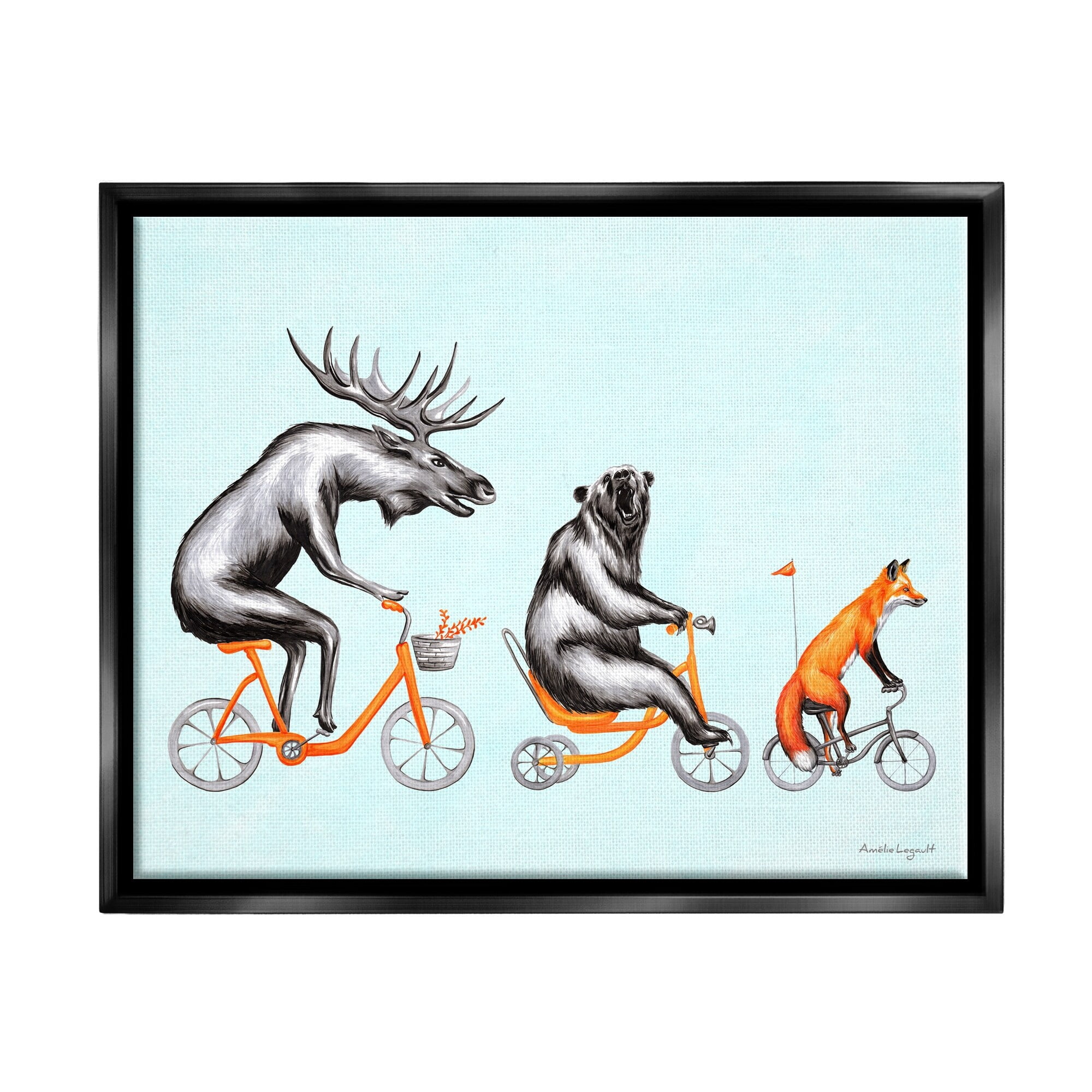 Stupell Industries Wildlife Animals Riding Bikes Moose Bear Fox Graphic Art Jet Black Floating Framed Canvas Print Wall Art, Design by Amelie Legault
