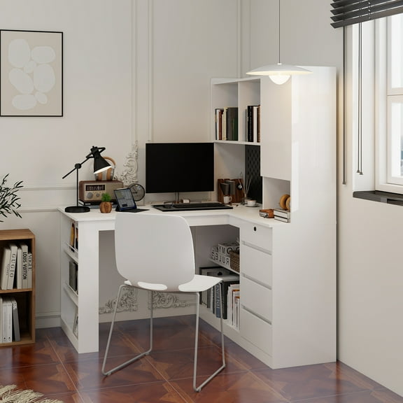 L Shaped Desk with Charger,Computer Desk with Drawers,Bookshelf, with LED Light,Modern Corner Desk,Home Office Desk,L-Shaped Study Table Writing Desk