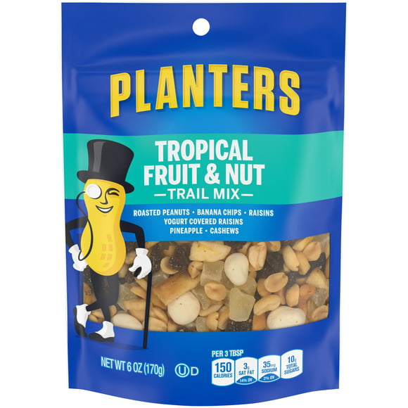 Planters Tropical Fruit & Nut Trail Mix with Roasted Peanuts, Banana Chips, Raisins, Yogurt Raisins, Pineapple & Cashews, 6 oz Bag