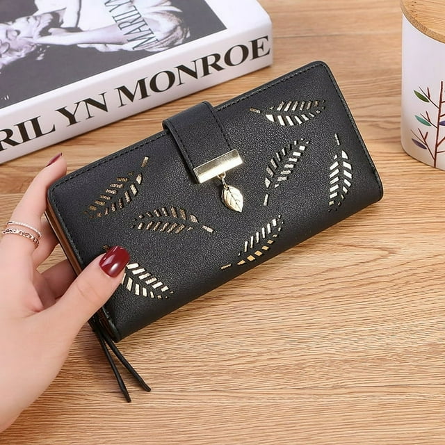 YOPTOP Women's Multifunctional PU Handbag Hollow Leaves Zipper Long Purse with 12 Slots Cell Phone Wallet for Banknote Coin,Black