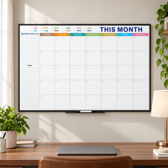 Large Dry Erase Calendar for Wall Mounted Whiteboard, 48 x 32 Inch Dry-Erase Schedule Board with 10ml Pen, Sturdy Black Frame Marker Tray for Home Office School Use