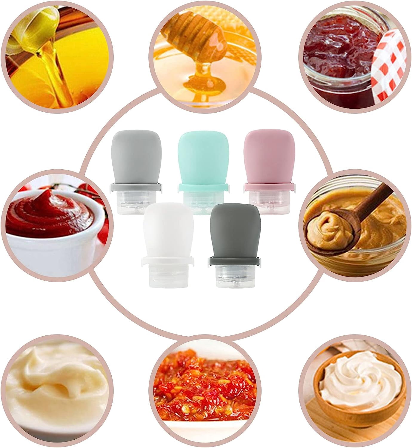 salad dressing mini bottle STONCEL Salad Dressing Bottles, Leakproof Portable Silicone Containers,  1.3oz, 5 Colors, Cleaning Brushes Included