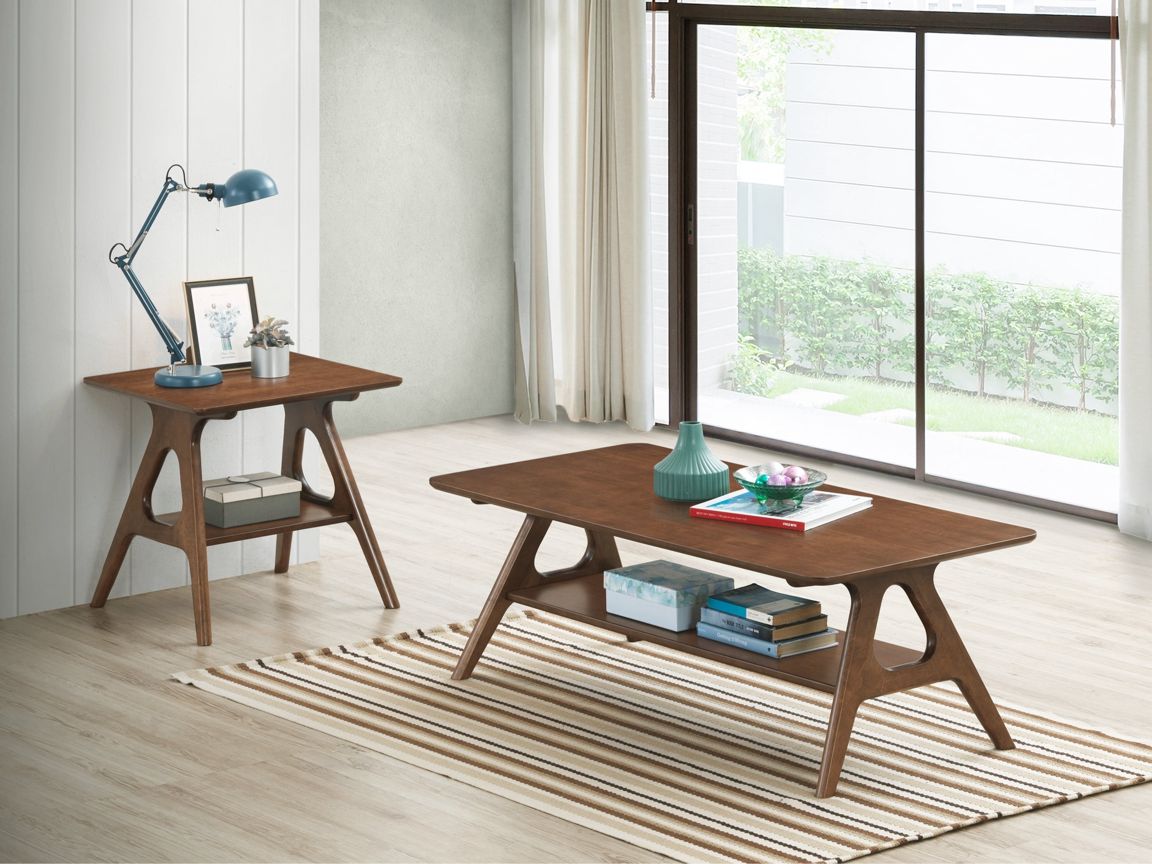 Roundhill Furniture Arona 3-Piece Coffee Table Set, Coffee Table and Two End Tables, Walnut Finish