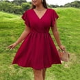 thumbnail image 4 of AURA Plus Size Womens Wine Red V Neck Ruffle Sleeve Midi Dress A Line Cape Fit Elegant Bridesmaid Spring, 4 of 6