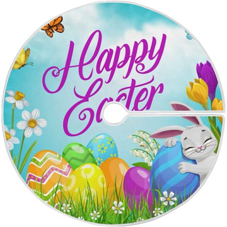 ZHANZZK Easter Tree Skirt Colorful Eggs Bunny Xmas Christmas Tree Skirt Stand Mat for Holiday Party Decoration Indoor Outdoor 36 inches