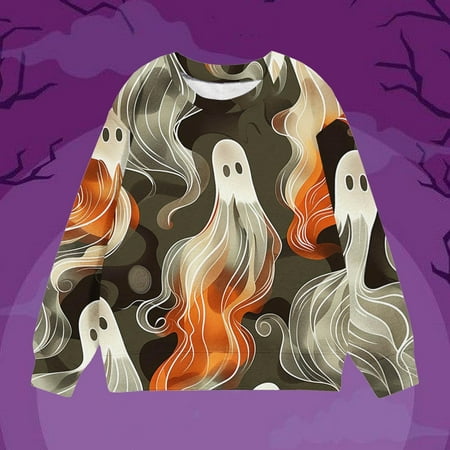 

Mode24 Halloween Sweatshirt Unisex Toddler Ghost Prints Crew Neck Long Sleeve Sweatshirts Pullover Fall Winter Trendy Tops Gray 2 Years