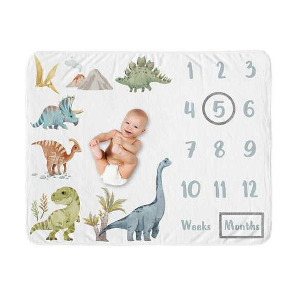 Sweet Jojo Designs Watercolor Dinosaur Dino Boy Fleece Milestone Baby Blanket Set 3 Piece