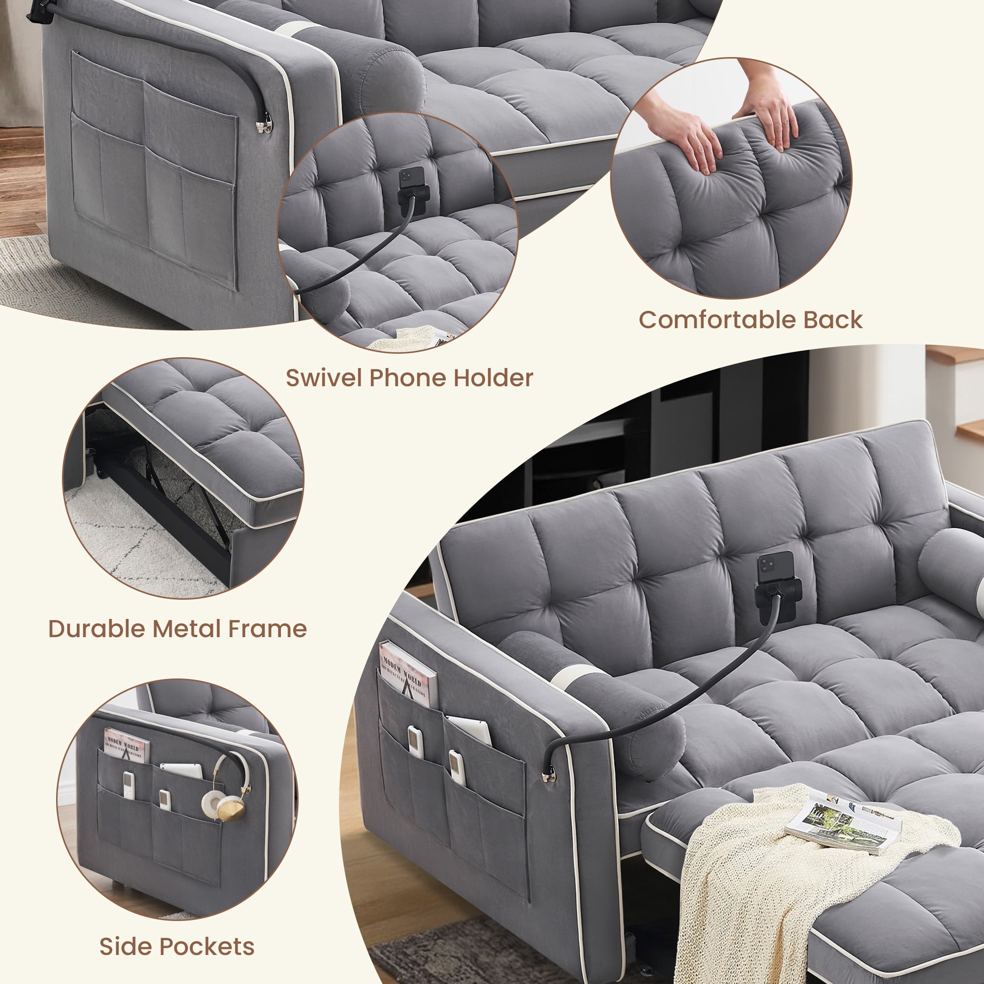 DEALTOPS 3 in 1 Sofa Bed, 55" Loveseat Sleeper with Two Pillows & Phone Stand, Gray