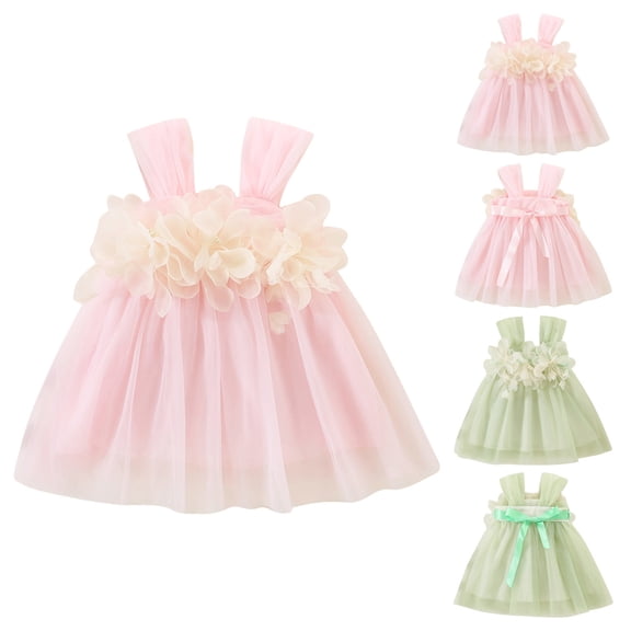 Ahuyic Infant Girls 3D Floral Spaghetti Strap Mesh Dress With Pants 3-24Months