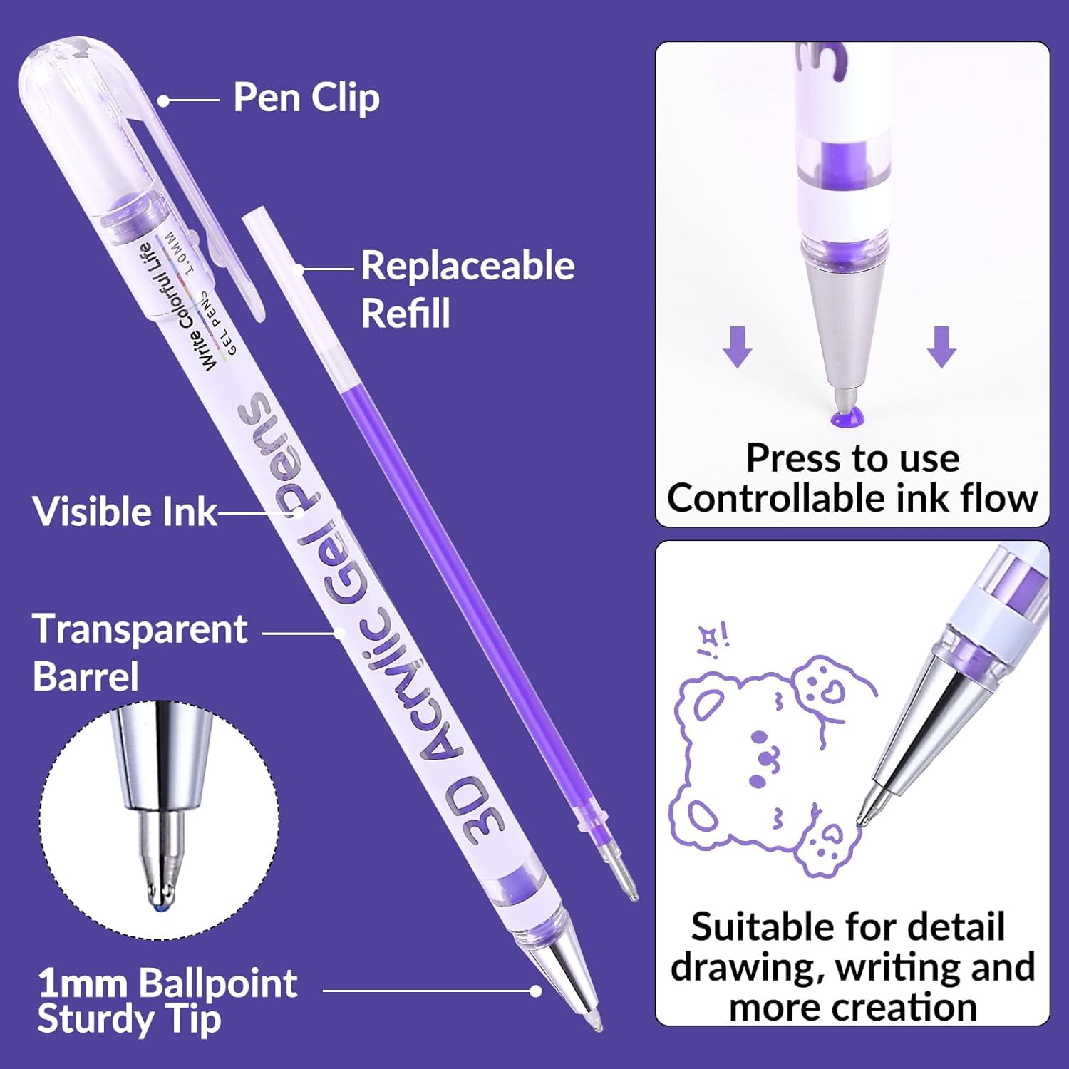 3D Acrylic Gel Pen,36 Colors Gel Pens With 1mm Bullet Tip Point, Acrylic Paint Pens for Black Paper,Rock Painting, Glass, Wood, Fabric,Cards,Scrapbook,DIY Art Crafts