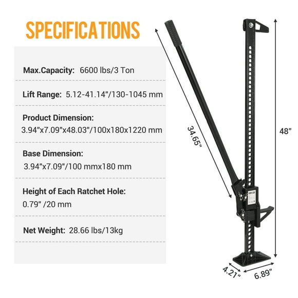 Ourlova 3 Ton Farm Jack 48in Utility Farm Jack 7000 Lbs Capacity Ratcheting Off Road Utility Jacks Heavy-Duty Farm Jacks for Tractor Truck SUV Bumper Lift