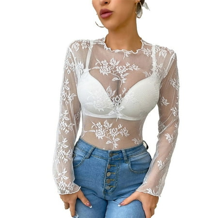 

KDJ Womens New Lace Tops Sexy See-through Hollow shirt Inner wear Long sleeves Tops