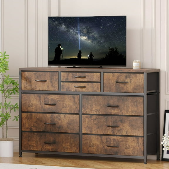 White Dresser for Bedroom, 10 Drawers Dresser for 55'' Long TV Stand, Storage Organizer for Closet, Living Room, Entryway, Fabric Dresser, Wood Top, Metal Frame