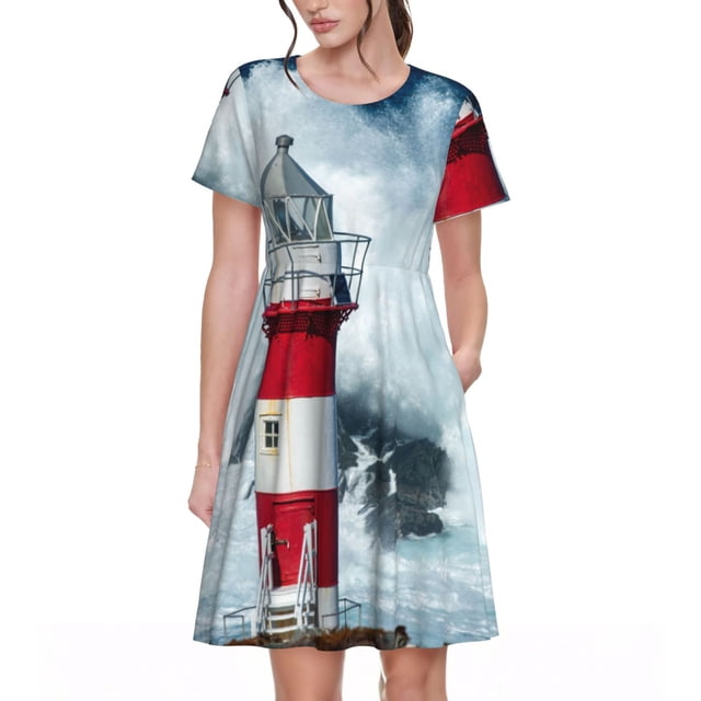 Fotbe Circular Lighthouse Vestido Largo de Moda para Mujer, Vestido Tipo Camiseta con Manga Corta y Estilo Casual a Rayas y Bloques de Color