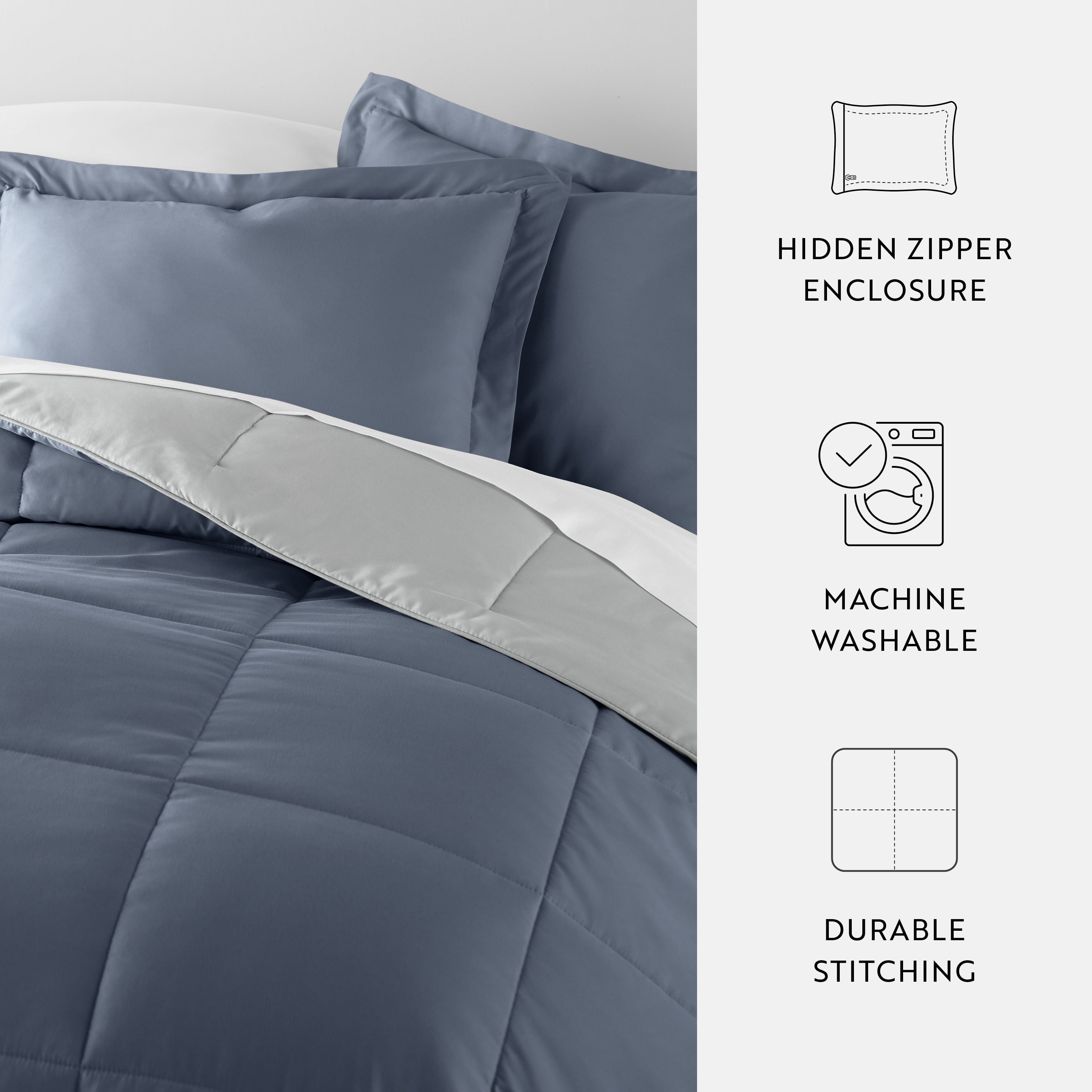 Noble Linens Soft 3-Piece Stone & Light Gray Reversible All Season Lightweight Down Alternative Comforter Set, Full/Queen