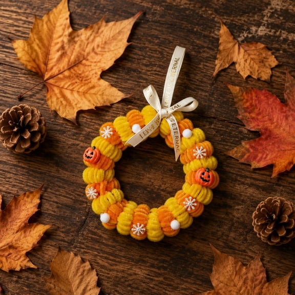 SPOORYYO Orange Pumpkin Mini Wreath for Halloween and Thanksgiving Decorations - 15cm Polyester Home Decor
