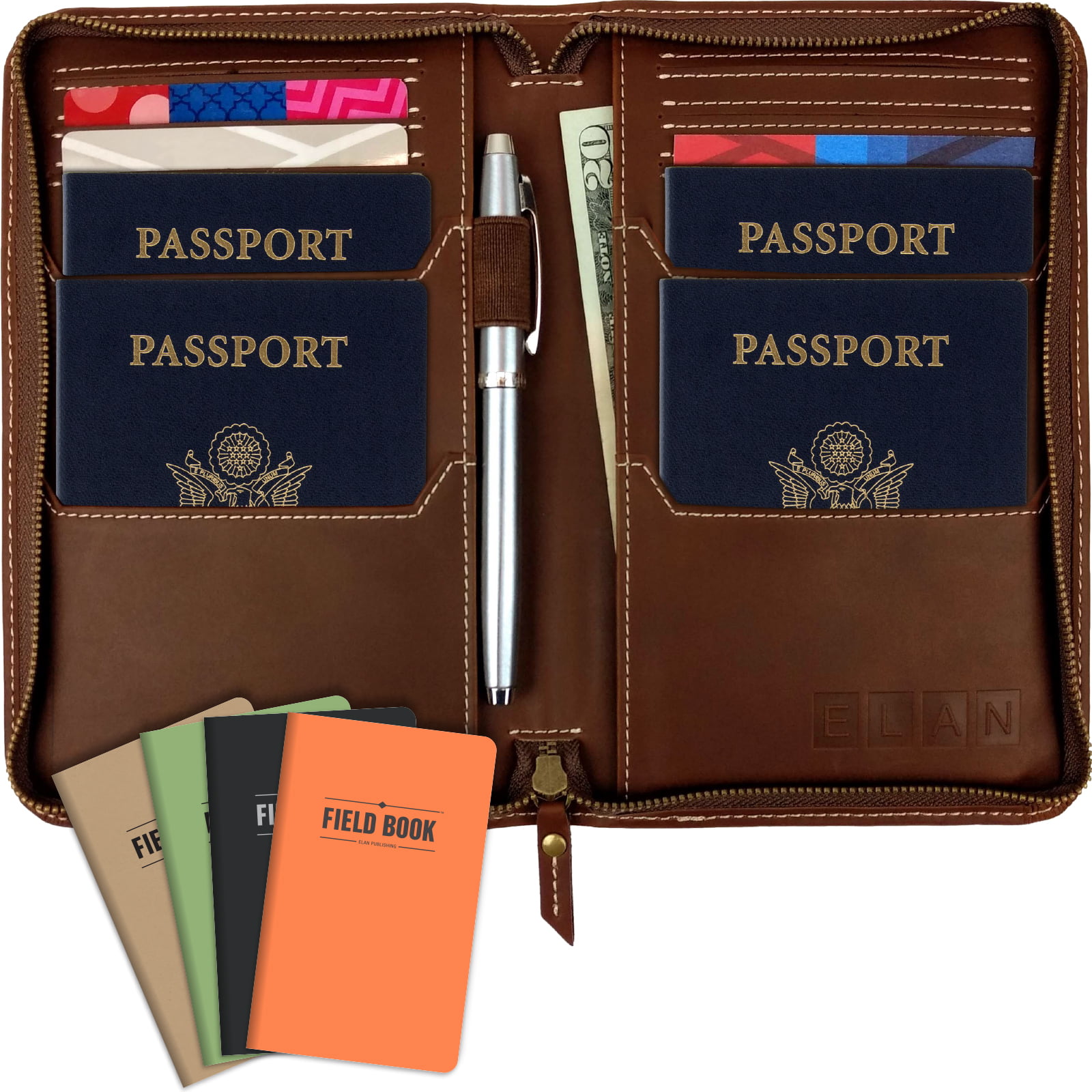RFID Safe Leather Zip Around Passport Document Travel Wallet Holder 