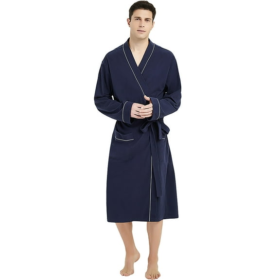 U2SKIIN Mens 100% Cotton Robes, Lightweight Soft Spa Knit Bathrobe for Men,(Navy Blue,L/XL)