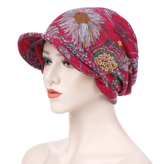 Women Floral Pattern Caps Slouchy Baggy Turban Hat Beanie Warm Head Wrap Cap