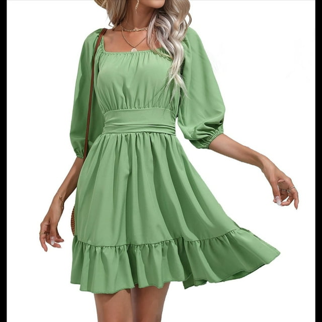 Vestido Informal de para Mujer, con Mangas Largas Tipo Farol, Cintura Alta y Lazo en la Espalda, Corte A. Verde L