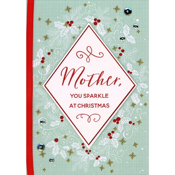 Designer Greetings You Sparkle: Red Letters on White Diamond Shaped 3D Banner, Ribbon and Sequins Hand Decorated Christmas Card for Mother
