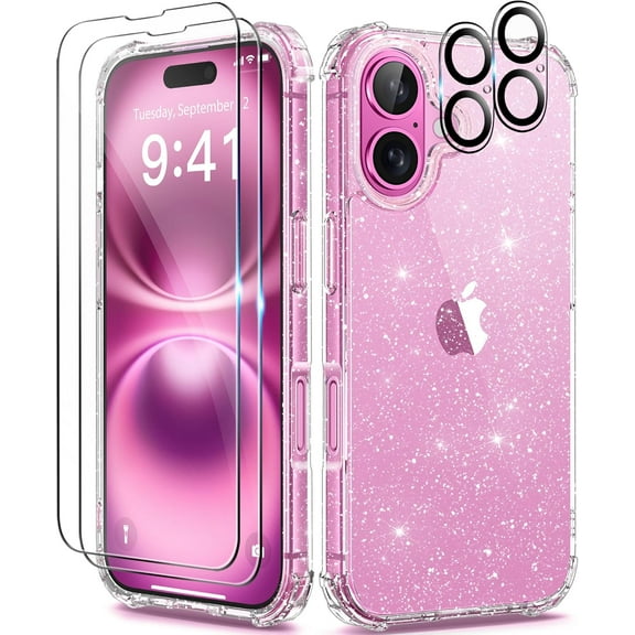 5-in-1 Entronix Bundle with Clear Glitter Case, 2 Clear Camera Lens Protector and 2 Tempered Glass Screen Protector For iPhone 16 Plus, Soft Bumper [Yellow Resistant] Sparkly Cover
