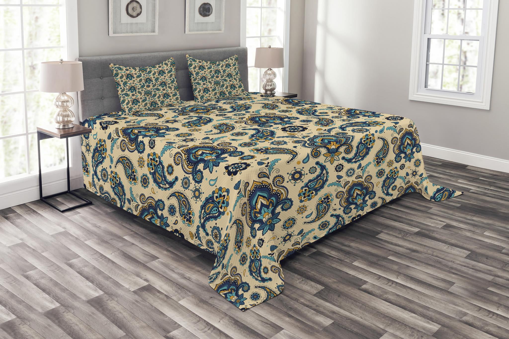 Paisley Bedspread Set, Colorful Vintage Floral Design Pattern with
