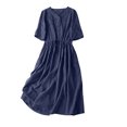 thumbnail image 3 of UVEASISHA Cotton Casual Beach Dresses for Women Short Sleeve V Neck Button Down Shirt Dress Drawstring High Waisted A Line Maxi Dresses Navy S, 3 of 8