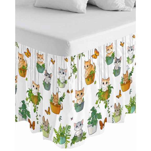 Cute Cartoon Wrap Around Bed Skirts for King Bed 16" Drop,Bed Skirt with Adjustable Elastic Belt Dust Ruffle Bed Valance for Bedroom Hotel Luxury Cat Butterfly Spring Floral Botanical Bed Frame Cover