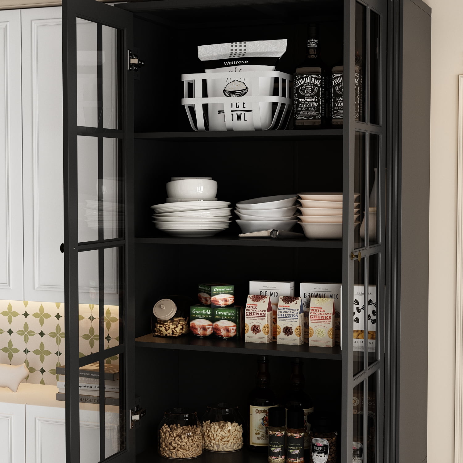 KULAGAGA Pantry Cabinet Kitchen Storage Cabinet with 2 Drawers & Glass Doors, Adjustable Shelves, Pantry and Kitchen Storage Black 15.7" D x 31.5”W x 78.7”H
