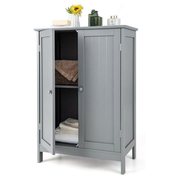 Bathroom Floor Cabinet, Wooden Storage Cabinet with Double Doors, Suitable for Bathroom, Living Room, Entryway, 23.5 x 14 x 34 inches (Grey)