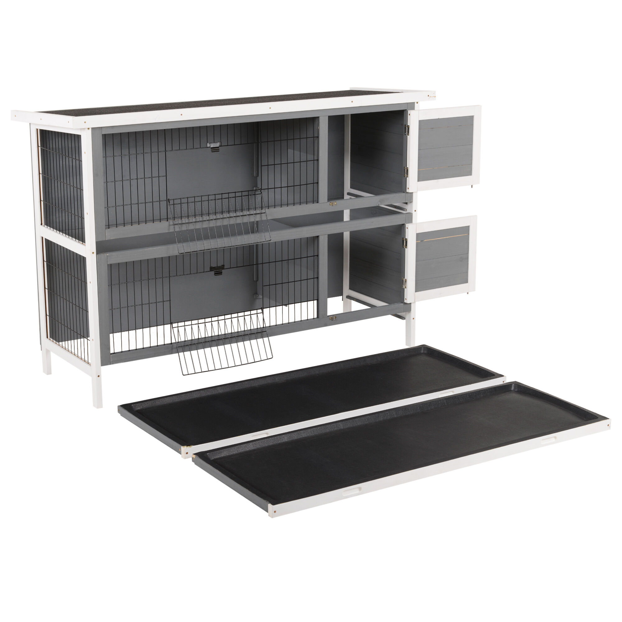 54" 2-Story Rabbit Hutch with Waterproof Roof, Large Outdoor/Indoor Bunny Cage with Lockable Doors & No-Leak Tray - Dark Grey Wooden Pet House