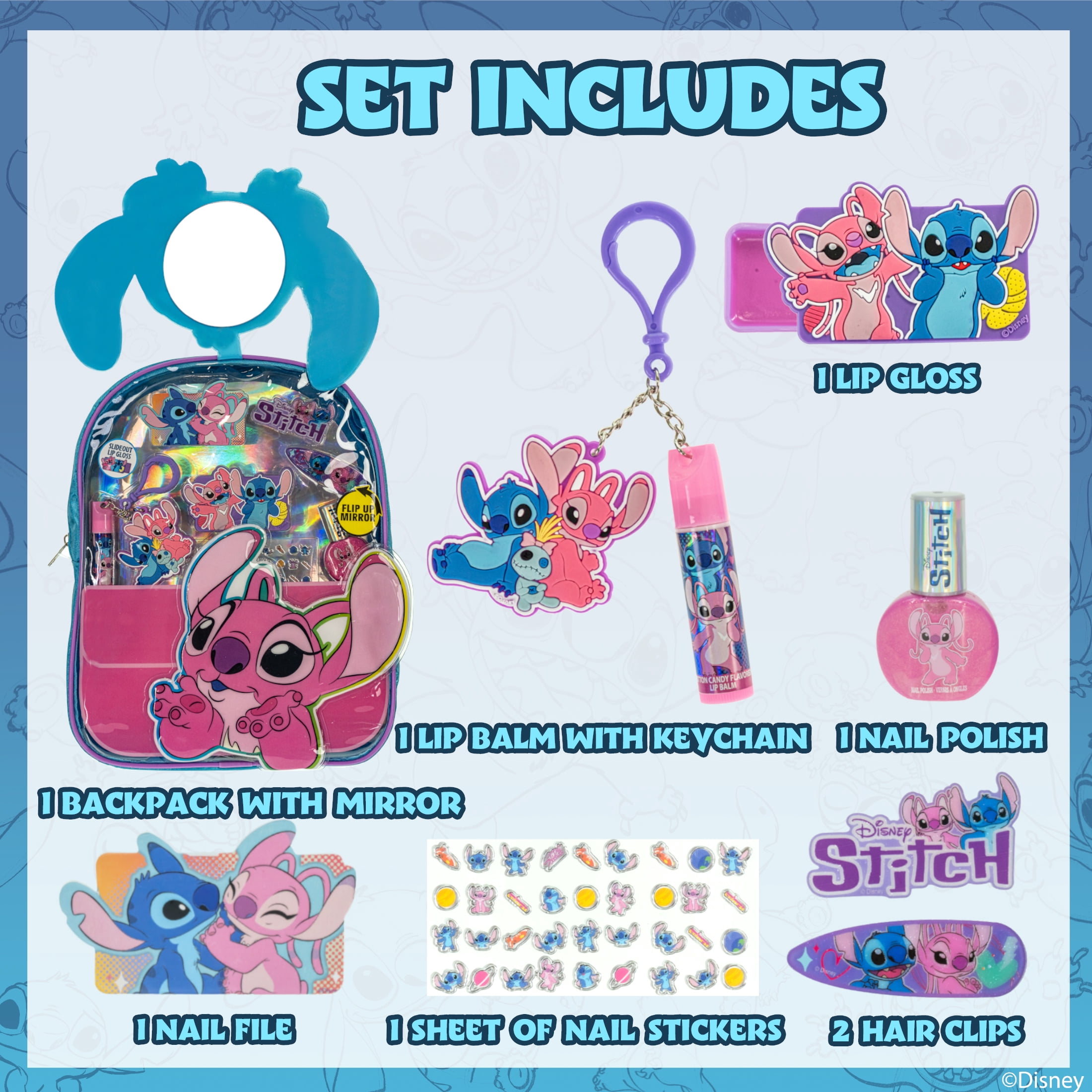 Disney Stitch Backpack Cosmetic Set, Multicolor, 9 Pieces