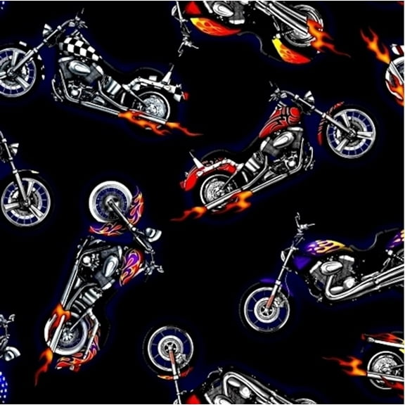 in Motorcycle Bikes Black 100% Cotton Fabric by The Yard