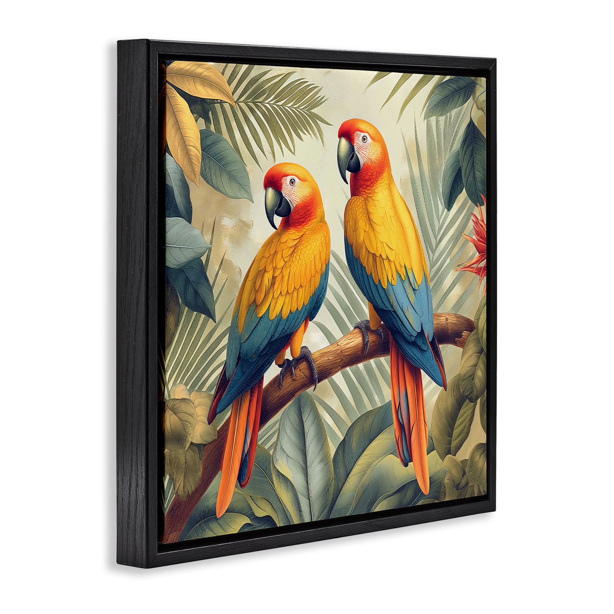 Stupell Industries Parrot Duo on Branch Animals Painting Black Floater Framed Canvas Art Print Wall Art, 25 x 25