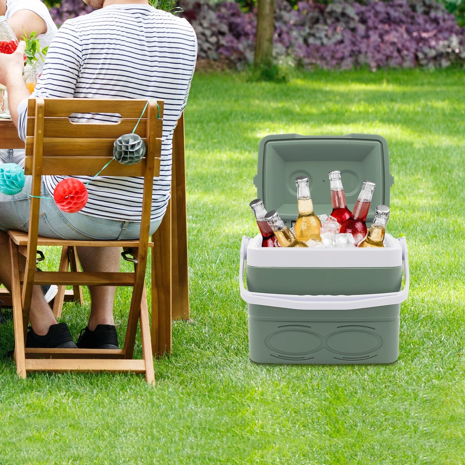 Green 8.5L/2.25Gal Camping Cooler, Insulated Portable Coole with Handle & Cup Slots, Leak-Proof Hard Cooler for BBQ, Camping, Pincnic