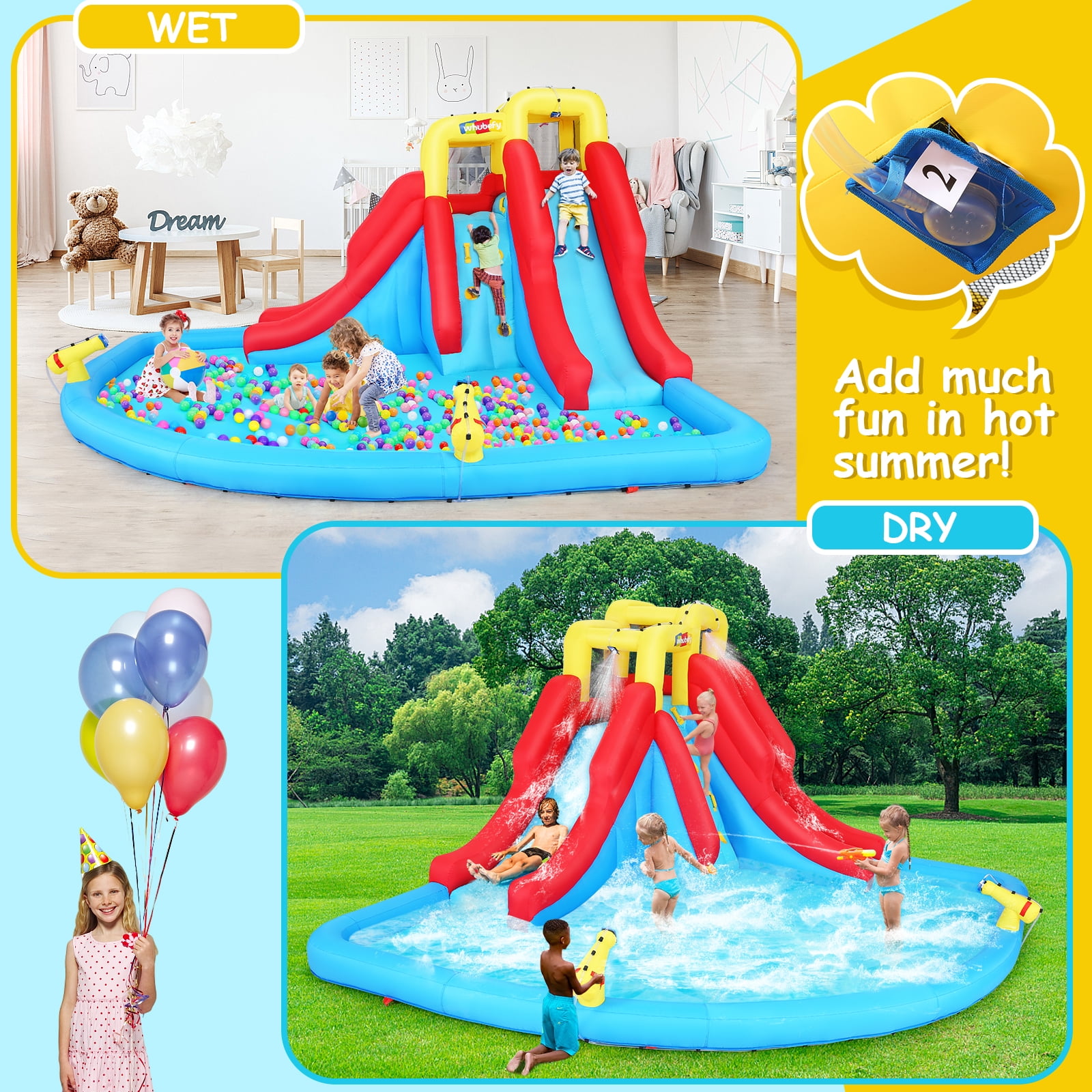 Veeboto Inflatable Water Slide with Splash Double Slide, Climbing Wall, Giant Water Play Ball Pool, 2 Spray Guns Kids Bouncy Castle, Outdoor/Indoor Bounce House, Backyard Water Slide Park