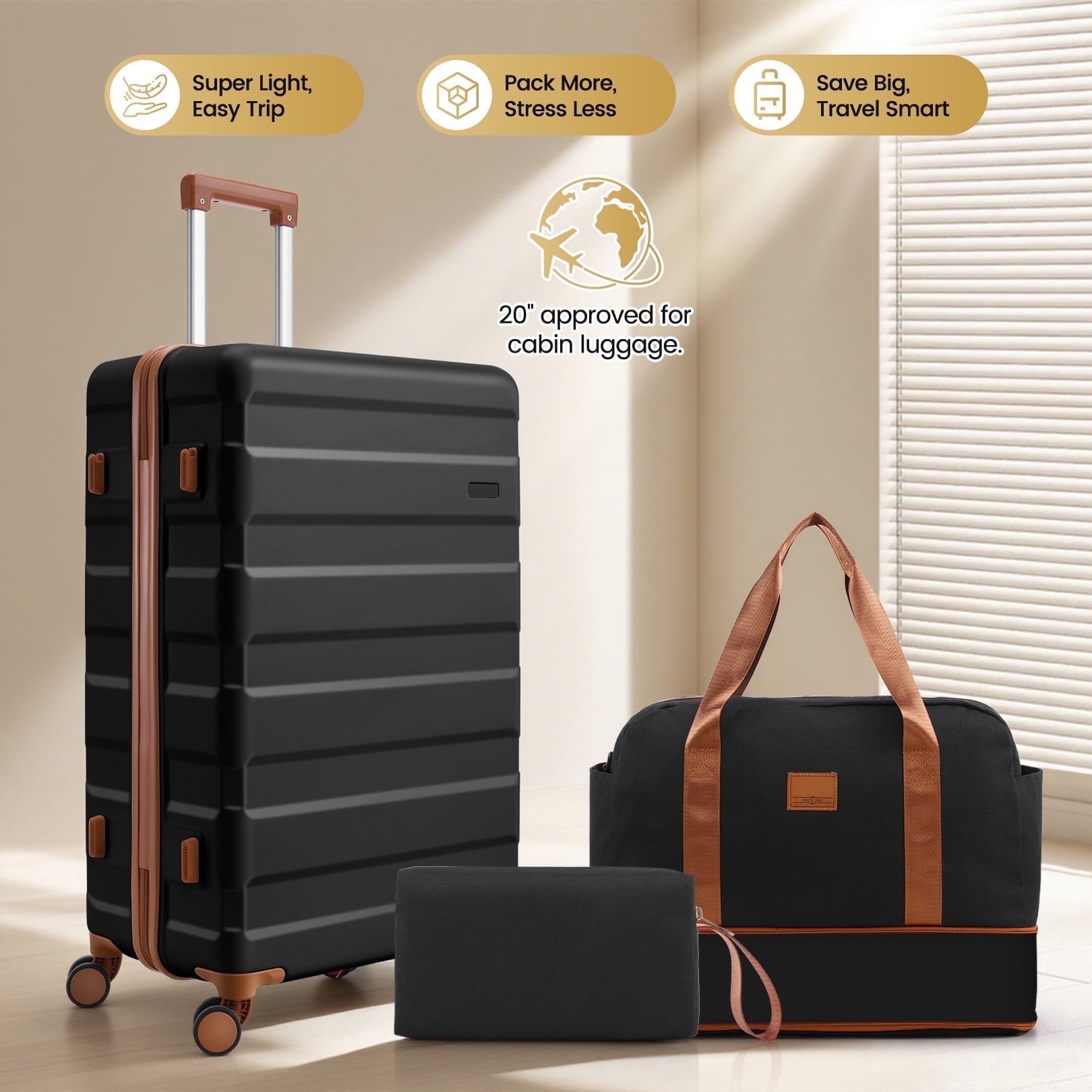 COBIZI 3 Piece Carry On Luggage Set, TSA Lock, Expandable Duffle Bag, Black